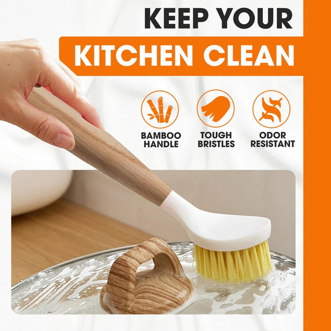 3 Pack Bamboo Dish Brush Set with Scraper Kitchen Cleaning Brushes Set