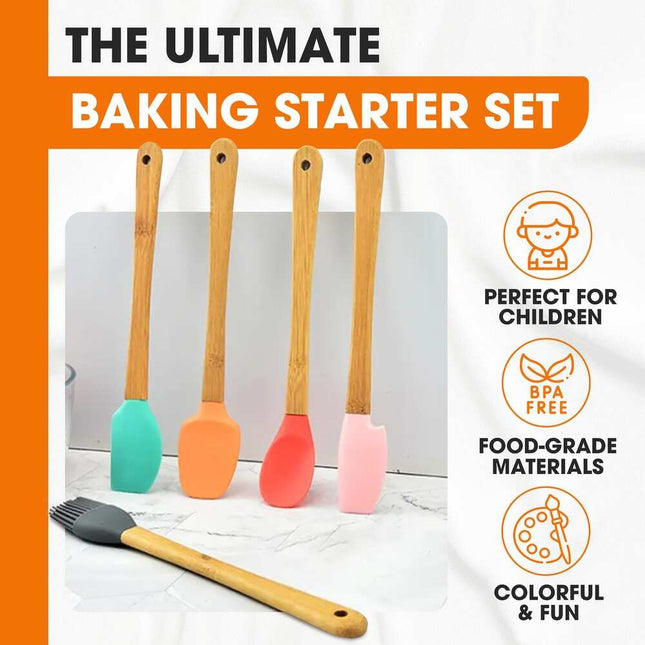 Mini Silicone Baking Spatula Set for Kids – 5-Piece with Bamboo Handles