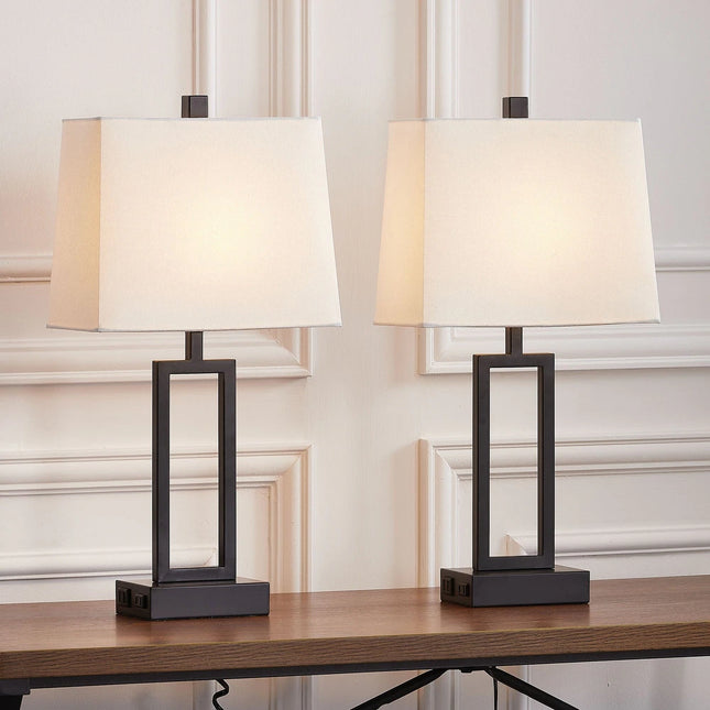 2-Pack Touch Control Table Lamps – Black, USB Ports & AC Outlet, White Shade