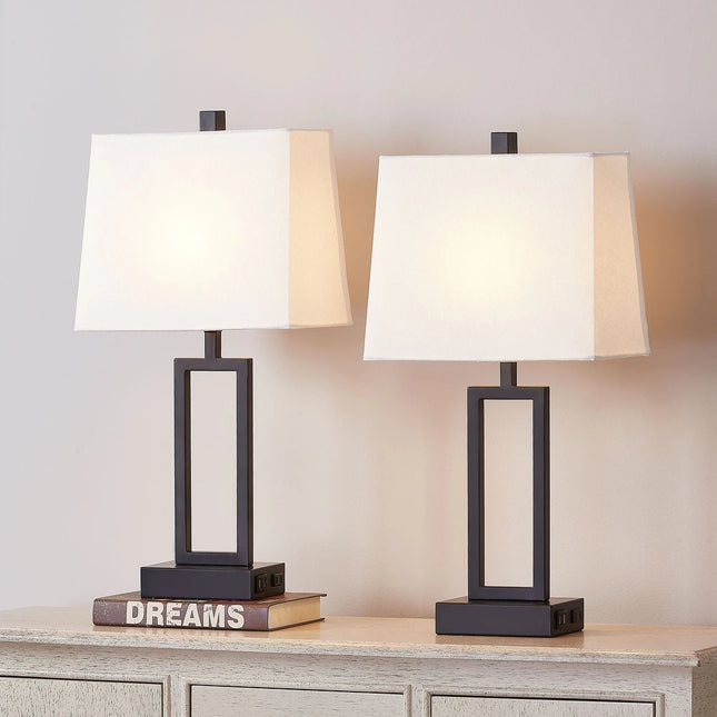 2-Pack Touch Control Table Lamps – Black, USB Ports & AC Outlet, White Shade