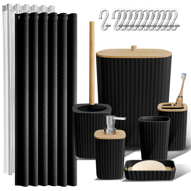 Bamboo Bathroom Accessories Set with Curtain Trash Can Soap Dispenser