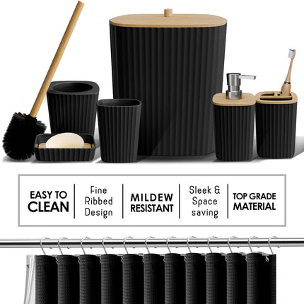 Bamboo Bathroom Accessories Set with Curtain Trash Can Soap Dispenser