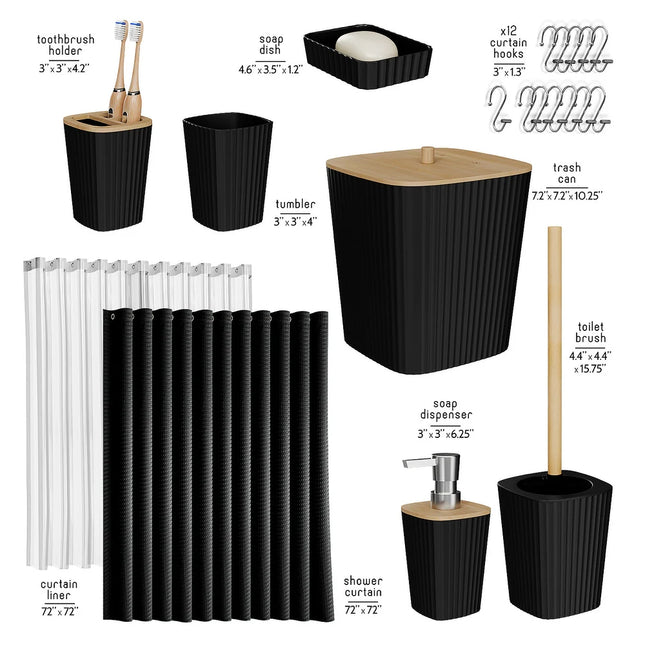 Bamboo Bathroom Accessories Set with Curtain Trash Can Soap Dispenser