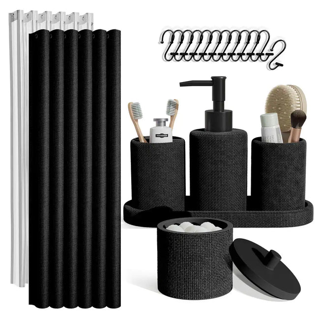 Complete Bathroom Accessories Set with Shower Curtain, Rugs & Caddies