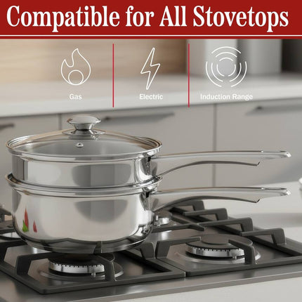 6 Cup Double Boiler and 1.5 Quart Saucepan Stainless Steel Combo Set