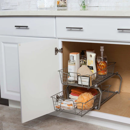 Two-Tier Pull-Out Cabinet Organizer – Nickel Finish Storage Solution