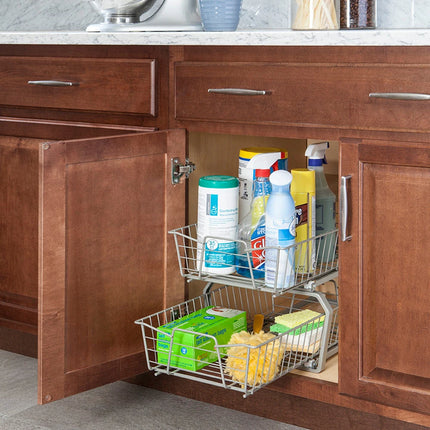 Two-Tier Pull-Out Cabinet Organizer – Nickel Finish Storage Solution