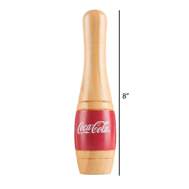 Coca Cola Lawn Bowling Skittle Ball Set 10 Wooden Pins 2 Balls Mesh Bag Red White