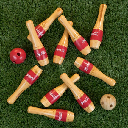 Coca Cola Lawn Bowling Skittle Ball Set 10 Wooden Pins 2 Balls Mesh Bag Red White