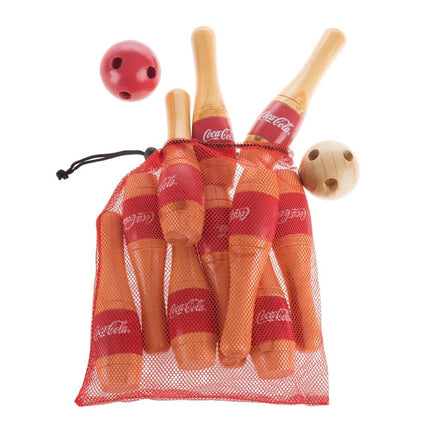 Coca Cola Lawn Bowling Skittle Ball Set 10 Wooden Pins 2 Balls Mesh Bag Red White