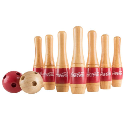 Coca Cola Lawn Bowling Skittle Ball Set 10 Wooden Pins 2 Balls Mesh Bag Red White