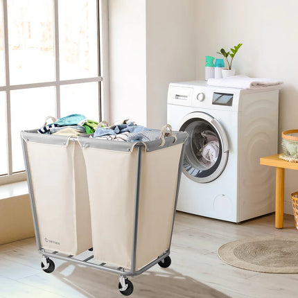 Commercial Divided Rolling Canvas Laundry Hamper with Wheels White