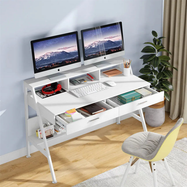 Computer Desk with Storage Drawers and Hutch Shelf, Office Desk with Shelving Unit