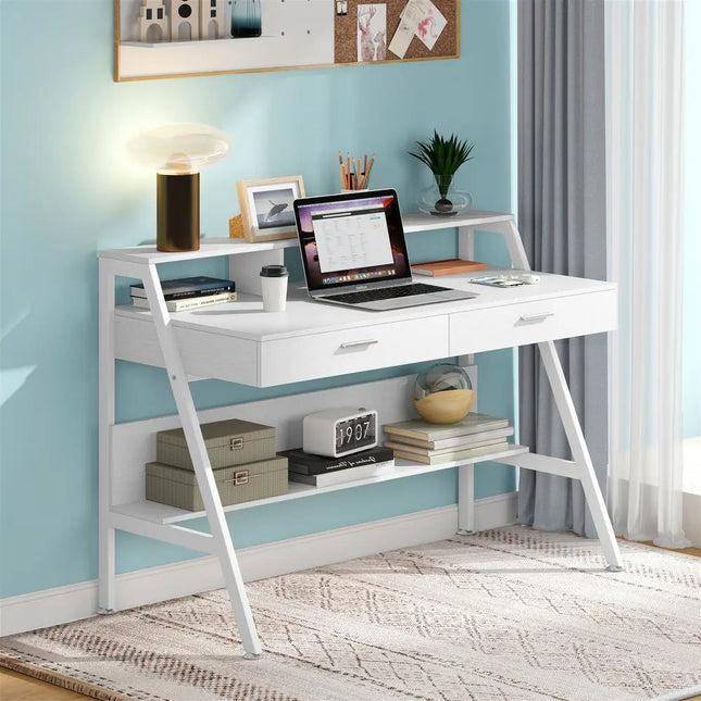 Computer Desk with Storage Drawers and Hutch Shelf, Office Desk with Shelving Unit