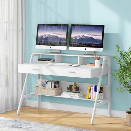 Computer Desk with Storage Drawers and Hutch Shelf, Office Desk with Shelving Unit