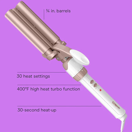 Double Ceramic Deep Wave Triple Barrel Hair Weaver – 30 Heat Settings, White