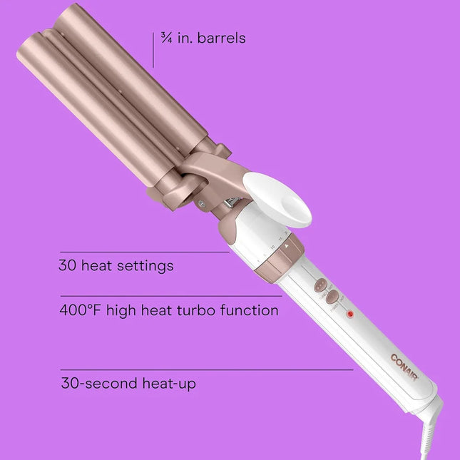 Double Ceramic Deep Wave Triple Barrel Hair Weaver – 30 Heat Settings, White