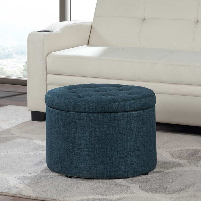 Designs4Comfort Round Shoe Storage Ottoman Dark Blue Fabric Upholstered Seat Bench