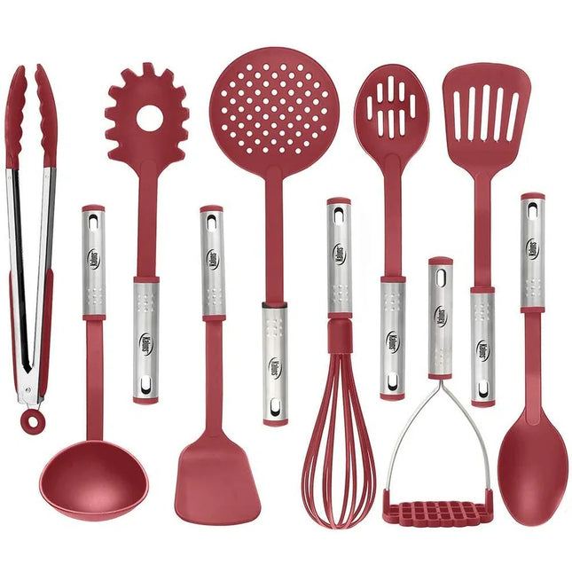 10 Piece Cooking Utensil Set Nylon and Stainless Steel Kitchen Tools Red