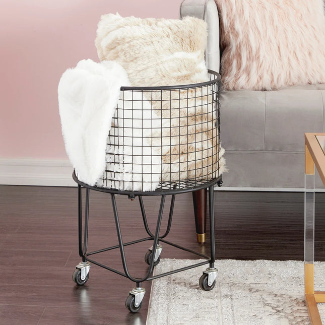 Metal Laundry Storage Cart with Wheels Mesh Basket 17x17x25 Black