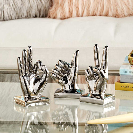 Set of 3 Silver Porcelain Ceramic Gesture Hand Sculptures 6 to 7 Inch Home Decor