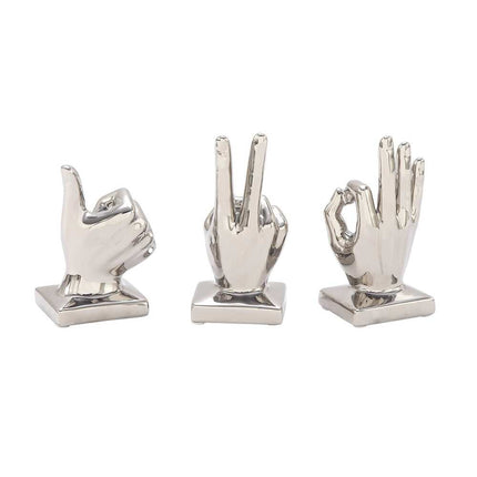 Set of 3 Silver Porcelain Ceramic Gesture Hand Sculptures 6 to 7 Inch Home Decor