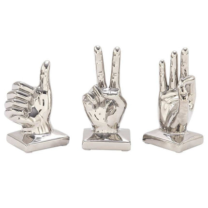 Set of 3 Silver Porcelain Ceramic Gesture Hand Sculptures 6 to 7 Inch Home Decor