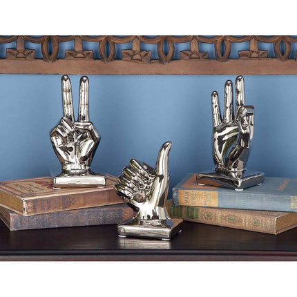 Set of 3 Silver Porcelain Ceramic Gesture Hand Sculptures 6 to 7 Inch Home Decor