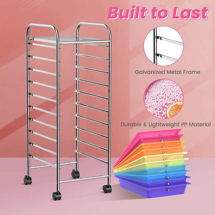 10-Drawer Rolling Storage Cart for Scrapbook Paper Office School Supplies Organizer