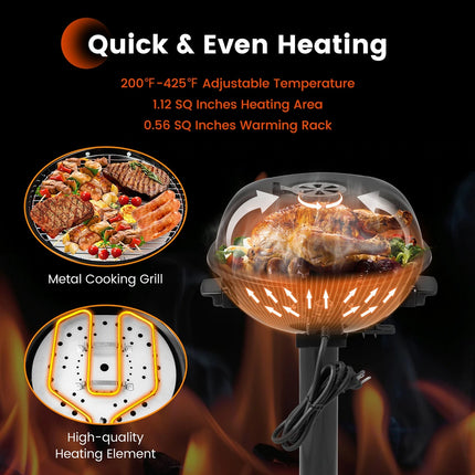 1600W Electric Grill BBQ with Warming Rack Adjustable Heat Control Cooker