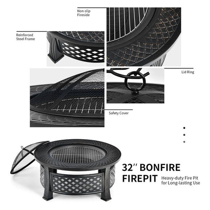 32" Round Fire Pit Set with Rain Cover BBQ Grill Log Grate Outdoor Heater