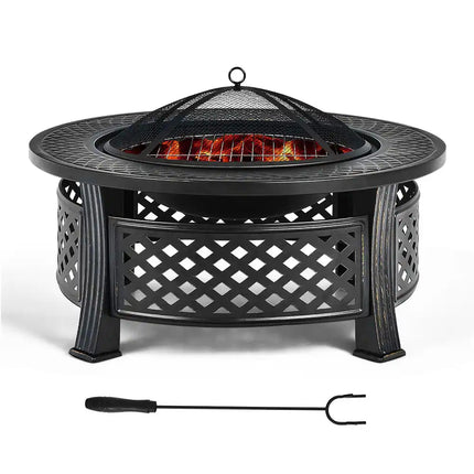 32" Round Fire Pit Set with Rain Cover BBQ Grill Log Grate Outdoor Heater