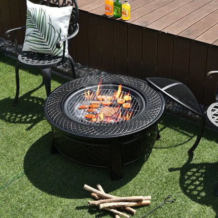 32" Round Fire Pit Set with Rain Cover BBQ Grill Log Grate Outdoor Heater