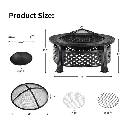32" Round Fire Pit Set with Rain Cover BBQ Grill Log Grate Outdoor Heater