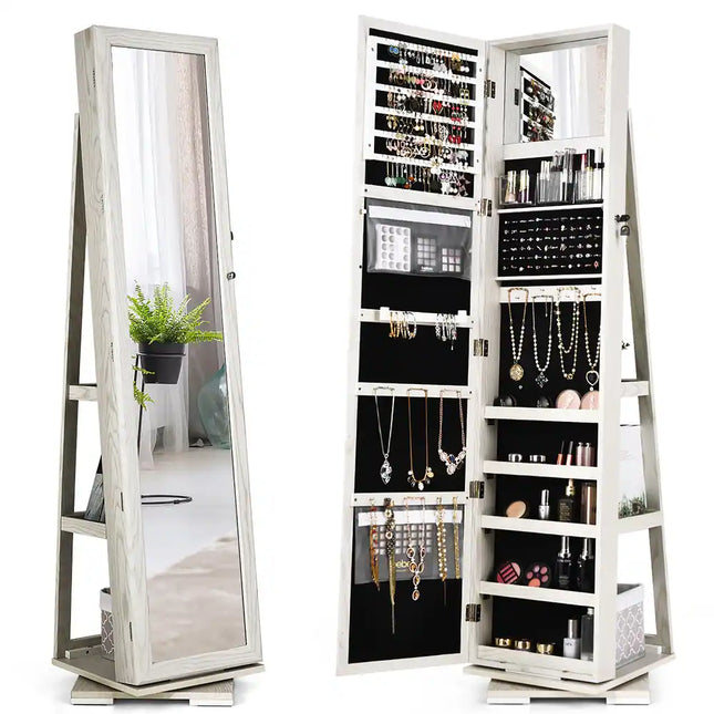 360° Rotatable Jewelry Cabinet – 2-in-1 Lockable Mirrored Storage