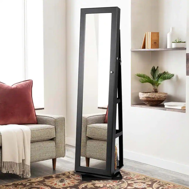 360-Degree Rotatable Jewelry Cabinet 2-in-1 Lockable Mirrored Storage Black