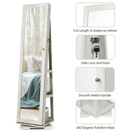 360° Rotatable Jewelry Cabinet – 2-in-1 Lockable Mirrored Storage