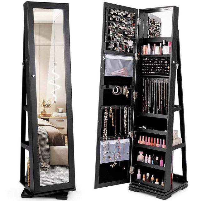 360-Degree Rotatable Jewelry Cabinet 2-in-1 Lockable Mirrored Storage Black