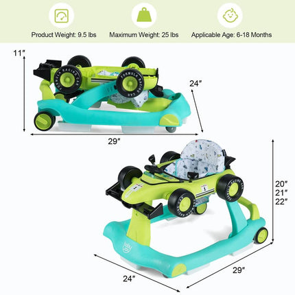 4-in-1 Baby Walker – Foldable, Adjustable Activity Push Walker, Blue & Green