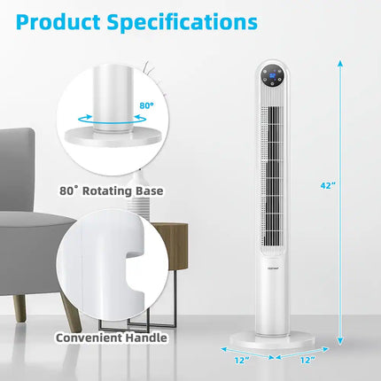 42" Tower Fan with Smart Display – 12H Timer, 80° Oscillation, Black