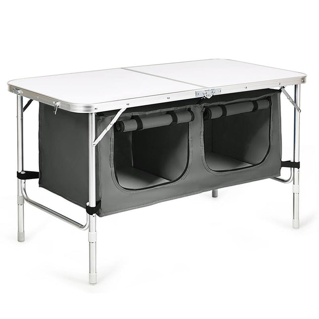 Portable Adjustable Aluminum Camping Table with Storage Organizer for Outdoor Use Grey