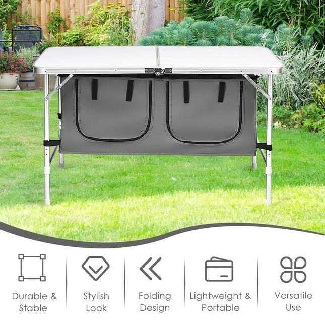Portable Adjustable Aluminum Camping Table with Storage Organizer for Outdoor Use Grey