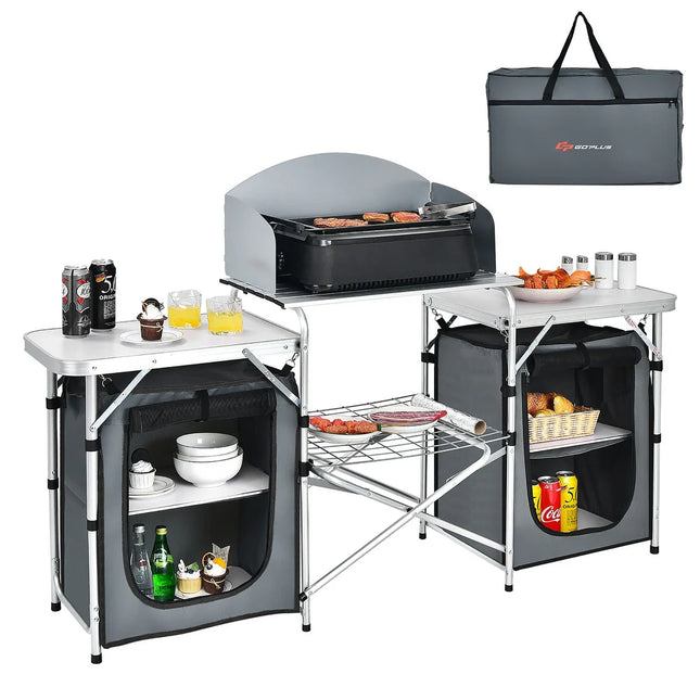 Folding Portable Aluminum Camping Grill Table w/ Storage Outdoor Cooking