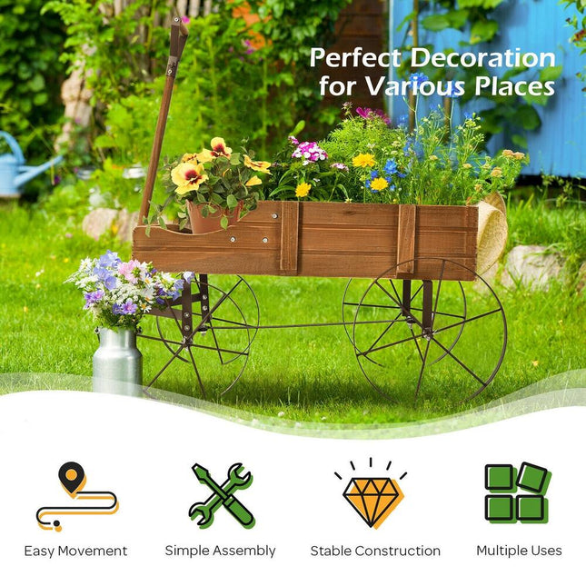 Wooden Wagon Planter with Wheels for Garden Yard Decoration and Plant Display