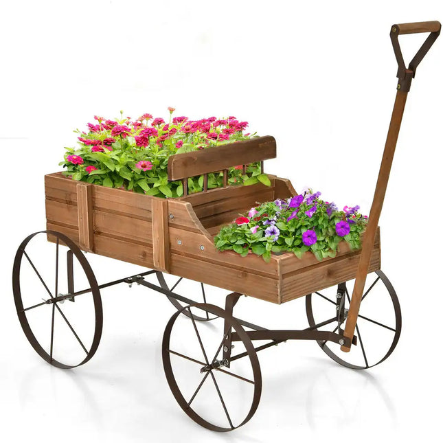 Wooden Wagon Planter with Wheels for Garden Yard Decoration and Plant Display