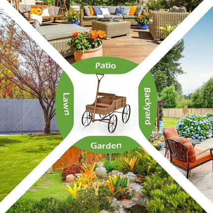 Wooden Wagon Planter with Wheels for Garden Yard Decoration and Plant Display