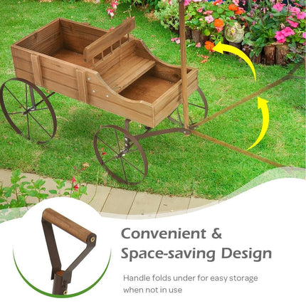 Wooden Wagon Planter with Wheels for Garden Yard Decoration and Plant Display