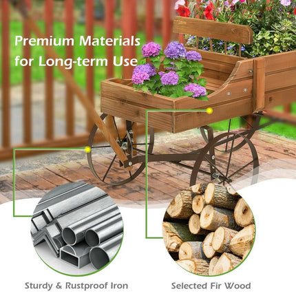 Wooden Wagon Planter with Wheels for Garden Yard Decoration and Plant Display