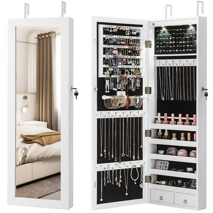 Jewelry Cabinet with Full Length Mirror, 14.5" x 4" x 48.5–50.5" Wall Mounted Storage