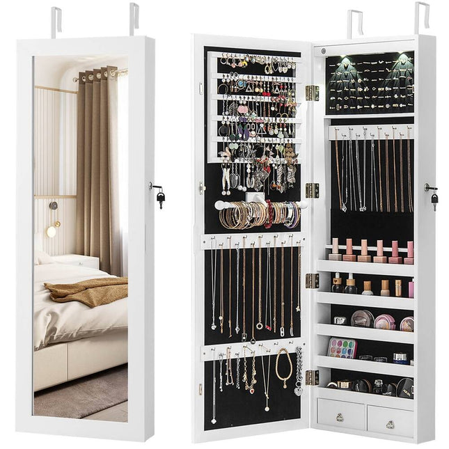 Jewelry Cabinet with Full Length Mirror, 14.5" x 4" x 48.5–50.5" Wall Mounted Storage